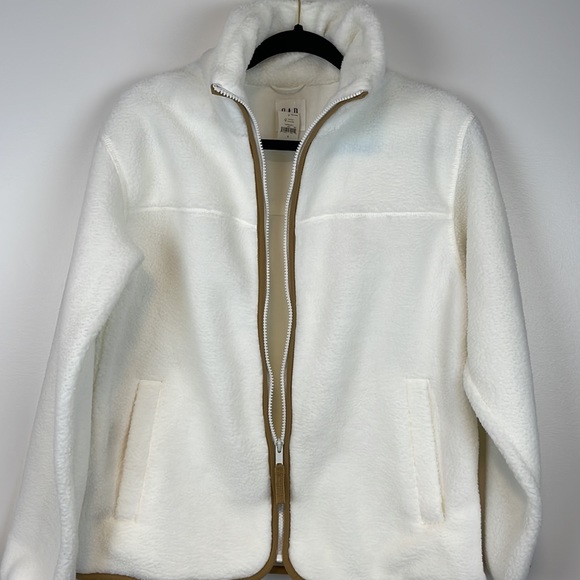 New Gap Off-White Contrast Piping Long Sleeve Soft  Sherpa Jacket Size S - Picture 4 of 9